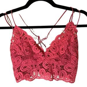 Free People Pink Lace V-Neck Crop Top Cross Back Straps Bralette Boho Women's L